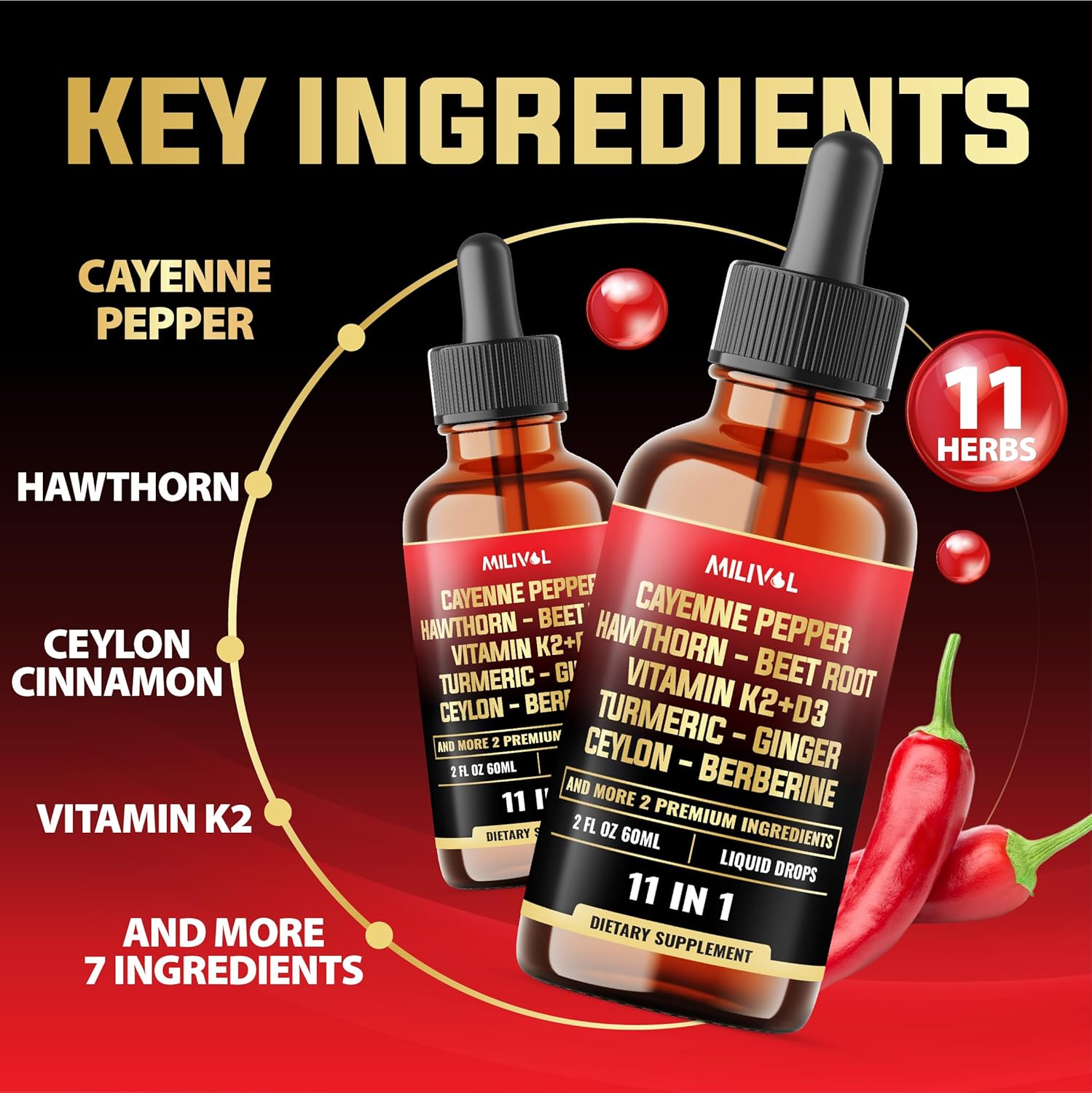 11in1 Cayenne Pepper Liquid Drops with Hawthorn Berry, Vitamin D3 K2, Beet Root, Garlic, Ginger, Ceylon Cinnamon, Turmeric, Berberine and Bitter Melon - 60 Days Supply - 2Fl Oz
