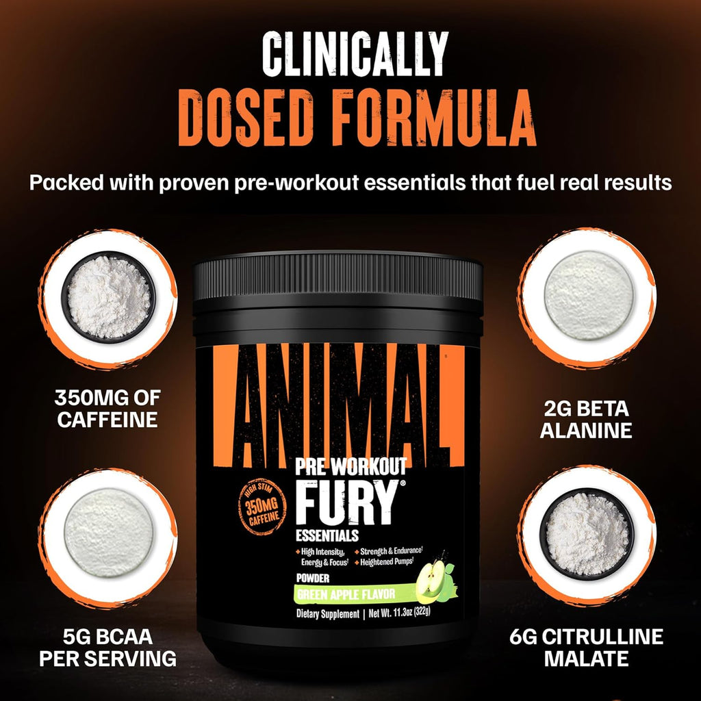 Animal Fury Pre Workout Powder - Green Apple, 350mg Caffeine, BCAA Amino Acids, 2g Beta Alanine, Citrulline & Tyrosine, Energy, Focus, Strength, Endurance, Preworkout for Men & Women, 20 Servings