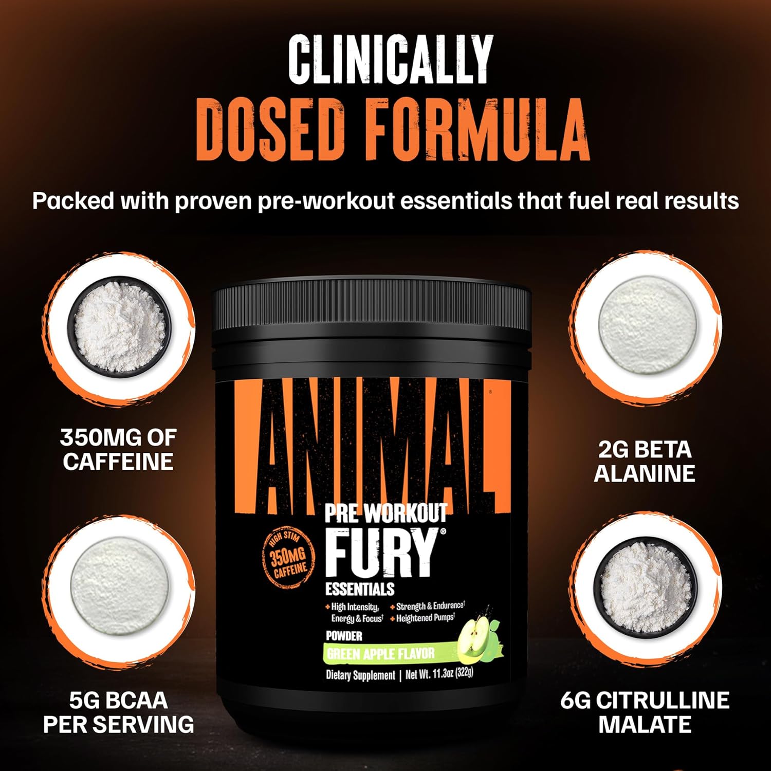 Animal Fury Pre Workout Powder - Green Apple, 350mg Caffeine, BCAA Amino Acids, 2g Beta Alanine, Citrulline & Tyrosine, Energy, Focus, Strength, Endurance, Preworkout for Men & Women, 20 Servings