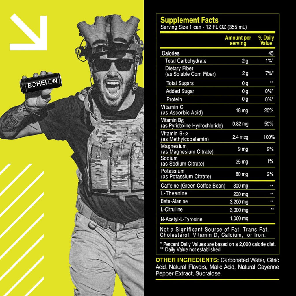 Echelon Pre-Workout Energy Drink | Yuzu Cayenne | 12 Pack | Sustained Energy, Focus and Endurance Dietary Supplement | 300mg of Caffeine | Beta-Alanine, L-Theanine & Fiber | Vegan
