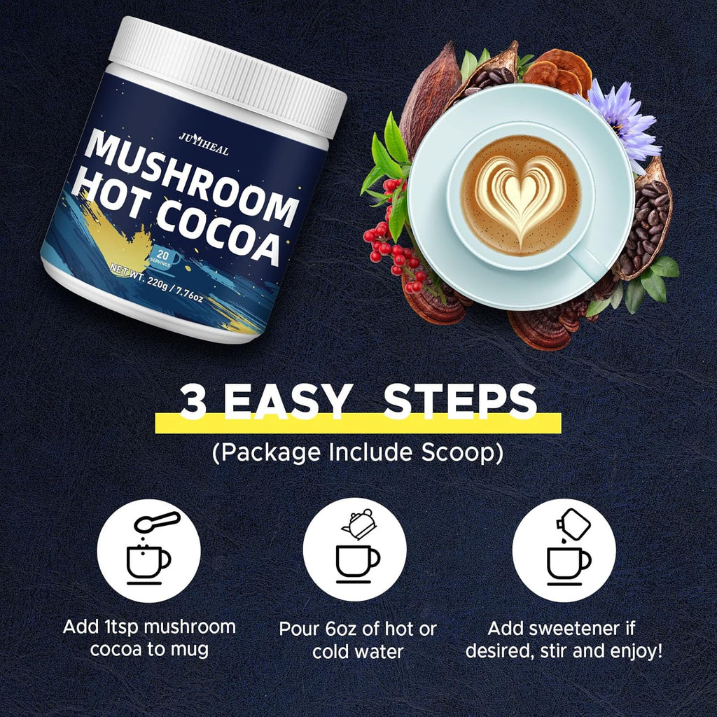 JUYIHEAL Mushroom Hot Cocoa with Melatonin, Reishi, Glycine, Cacao, L-Theanine, Chicory for Calm and Relax Support, Sleep Hot Cocoa Supplement (20 Servings)