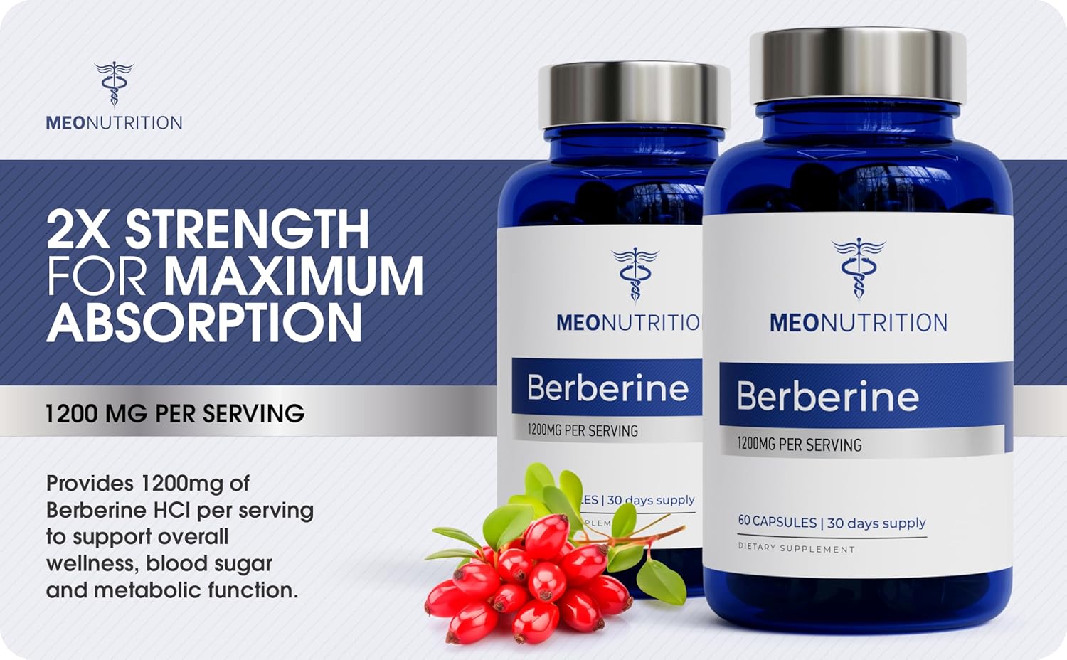 Berberine Supplement 1200mg HCI - 60 Capsules, 3rd Party Lab Tested, Non-GMO, GMP Certified - Supports Metabolic Health & Overall Wellness