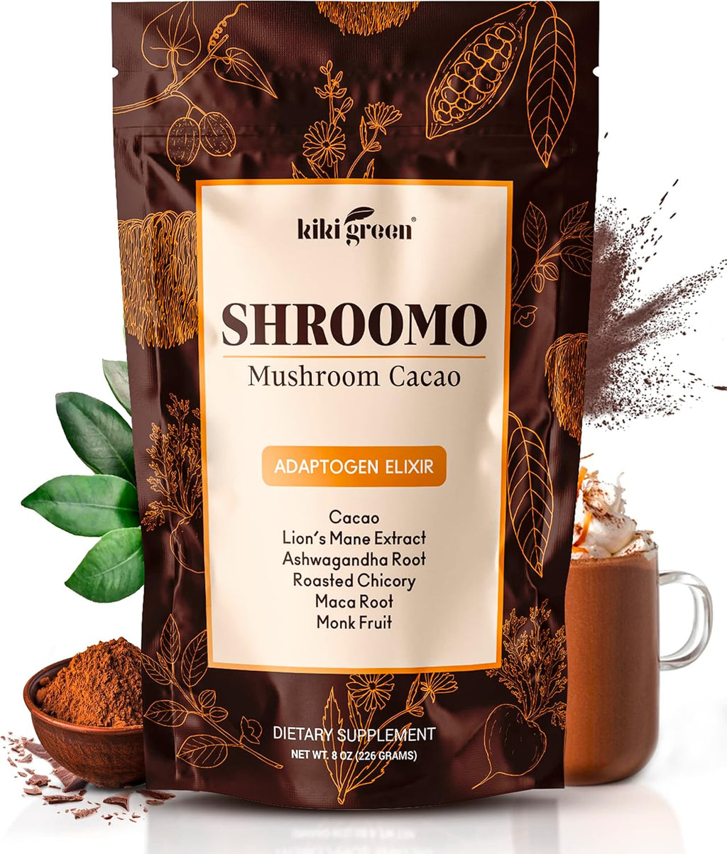 Shroomo Mushroom Coffee Alternative - Master Blend of Lion's Mane, Ashwagandha, Maca Root, Roasted Chicory, Monk Fruit For Mental Clarity, Energy, Focus - Cacao Hot Chocolate Drink 8 oz by KIKI Green