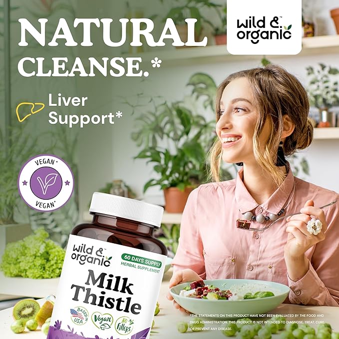 Wild & Organic Milk Thistle Capsules 1000mg - Liver Detox Cleanse - Silymarin Milk Thistle Supplement for Liver Support - 120 Vegan Capsules - 2-Month Supply - No Fillers, Non-GMO