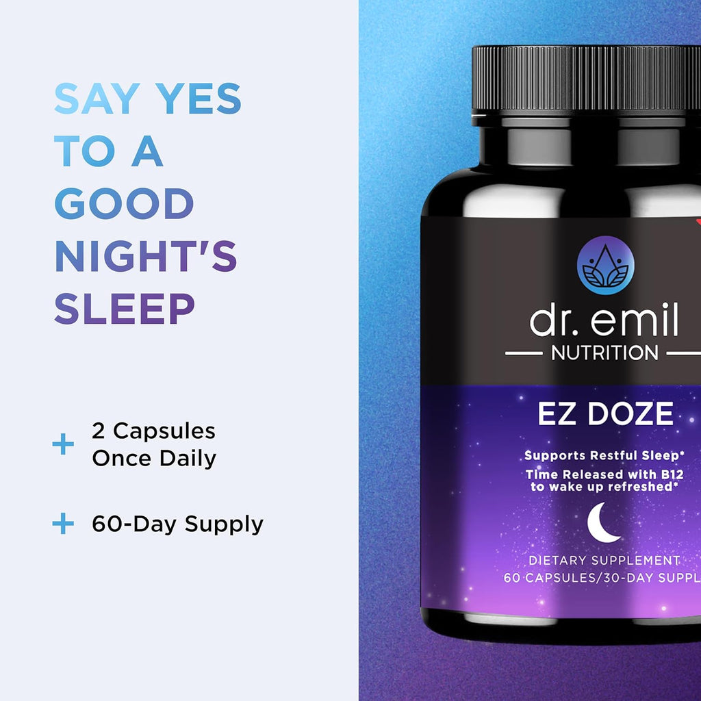 DR. EMIL NUTRITION EZ Doze Vegan Natural Sleep Aid with Valerian Root, GABA & 5HTP - Extra Strength Sleeping Pills for Adults - Safe and Non-Habit Forming (60 Veggie Capsules Pack of 2)