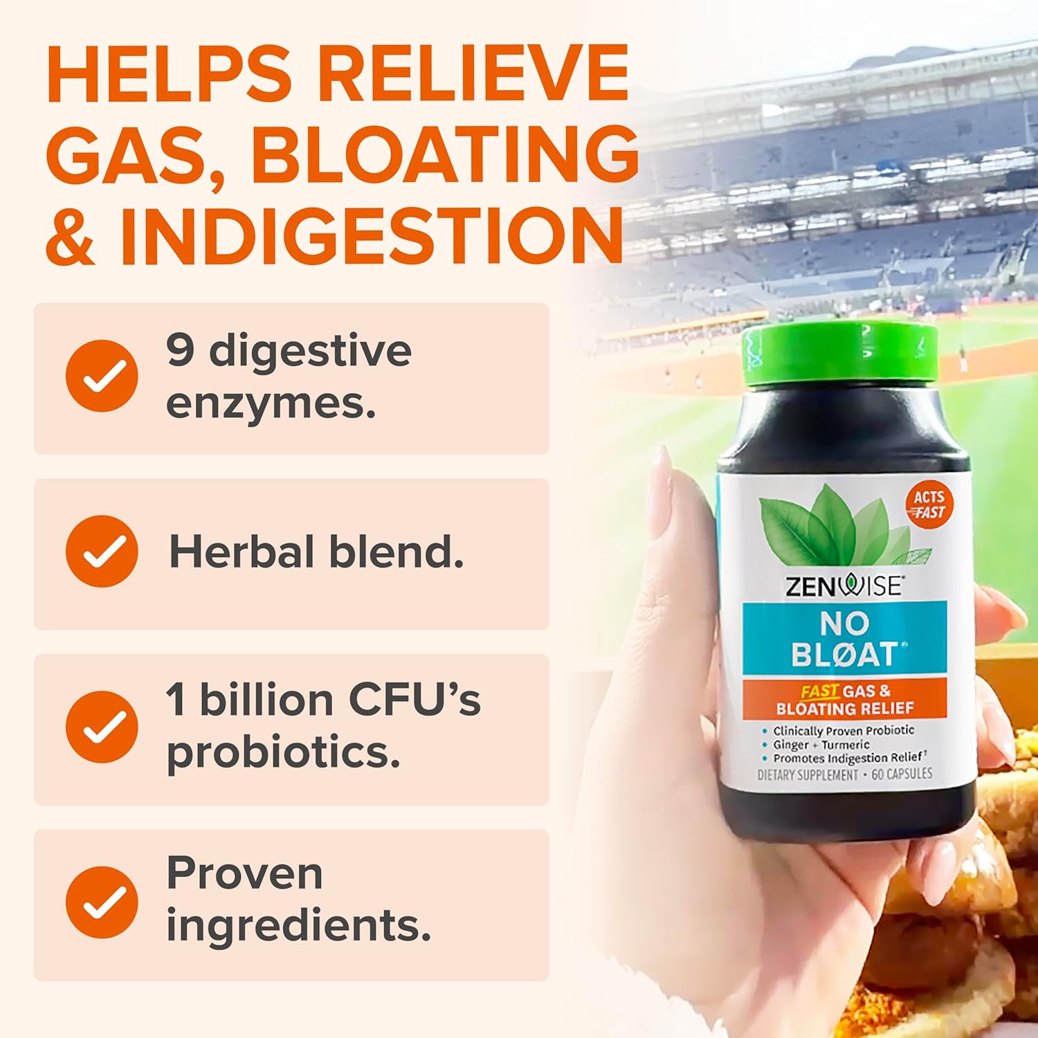Zenwise Health No Bloat Digestive Enzymes for Gut Health, Gas & Bloating Relief - Multi Enzymes Digestion Supplement with Probiotics, Ginger, Turmeric Dandelion & Lactase - Men & Women - 60 Count