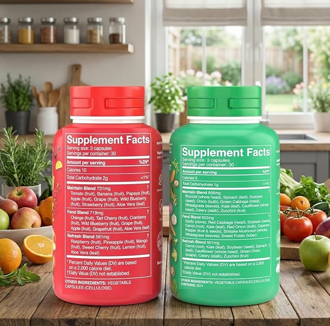 Fruits & Veggies Supplements - Whole Food Blended Vitamin & Mineral - 90 Fruit + 90 Vegetable Capsules - Daily Nutrition for Men & Women - 2 Pack