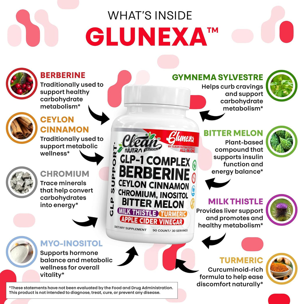 Glunexa Berberine GLP1 Support Supplements Ceylon Cinnamon Apple Cider Vinegar Chromium Myo-Inositol Bitter Melon Milk Thistle Ashwagandha Turmeric - 90 Capsules by Clean Nutra