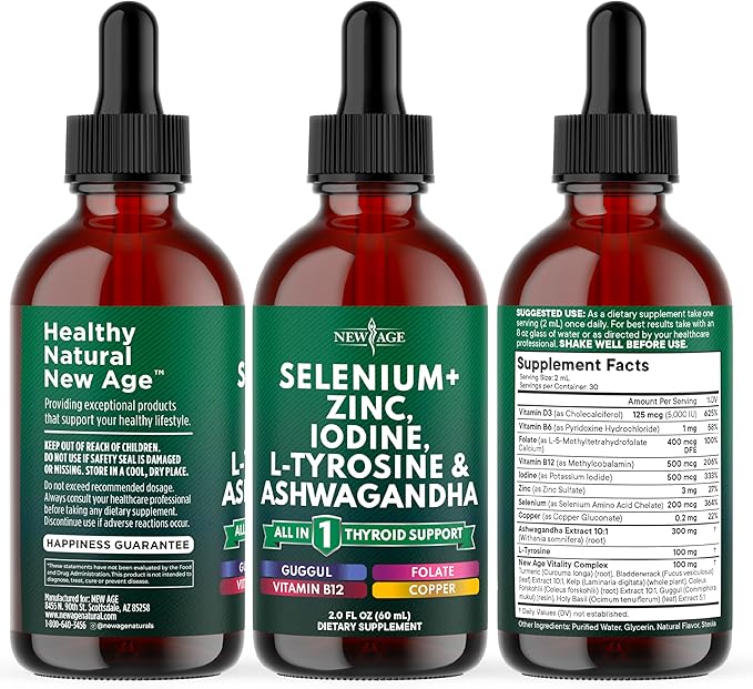 Thyroid Support Drops - Selenium, Zinc, Iodine, L Tyrosine, Ashwagandha, Turmeric, Schisandra Guggu, Cayenne, Basil - Liquid Supplement Folate Copper Alcohol -Free, Vegan, Non-GMO – 4 oz