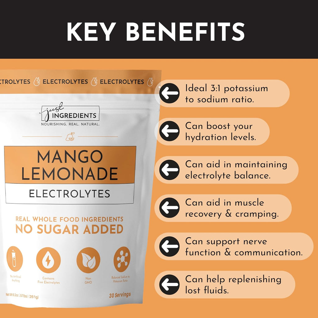 JUST INGREDIENTS Mango Lemonade Electrolyte Drink Mix - Coconut Water, Sea Salt, Trace Minerals - 30 Servings