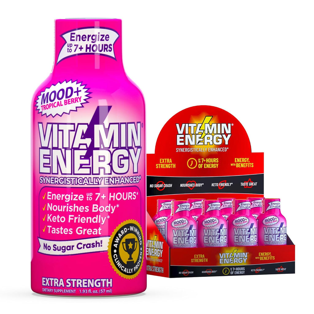 Vitamin Energy Mood+ Extra Strength Energy Shot Tropical Berry 8 Pack, 260mg Natural Caffeine, B-Vitamins, Rhodiola, Chamomile, Mood & Energy Support, Zero Sugar, Gluten-Free, Vegan, 1.93 fl oz
