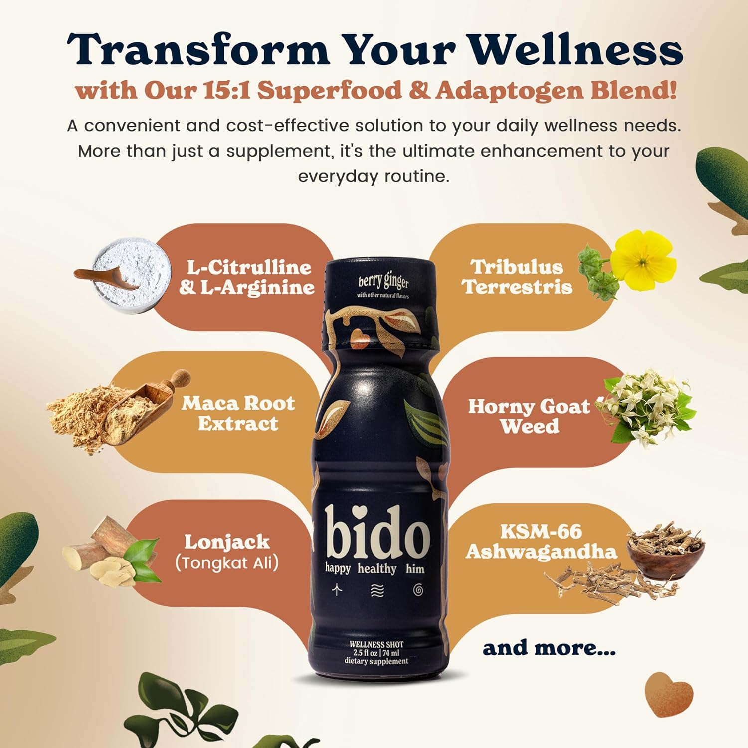 Bido | Men’s Herbal Wellness Drink | Adaptogen & Botanical Blend with Ashwagandha KSM-66, Maca, Ginseng & More | Energy & Vitality Support | Berry Ginger, 15- Pack (2.5 fl oz Each)