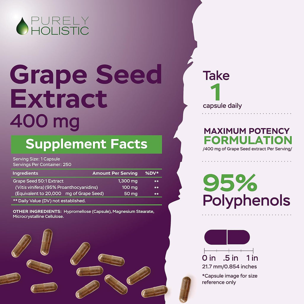 Purely Holistic Grape Seed Extract 20,000mg - 250 Vegan Capsules - 8+ Month Supply - Standardized to 95% Polyphenols - 400 mg per Capsule - Maximum Strength Grapeseed - Non-GMO & Pesticide Free