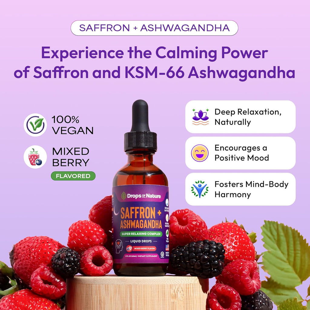 Ashwagandha and Saffron Supplement – Contains KSM 66 and Saffron Extract – Vegan, Gluten-Free, GMO-Free – Daily Herbal Ashwagandha Supplement to Support Focus, Clarity & Relaxation (Mixed Berry, 60ml)
