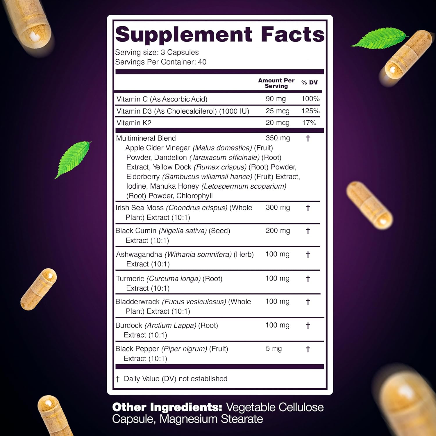 Sea Moss Capsules – 17-in-1 Blend with Black Seed Oil Ashwagandha Bladderwrack Burdock Root Turmeric Vitamin D3 K2 C for Daily Wellness – Multimineral Supplement for Men & Women – 120 Count