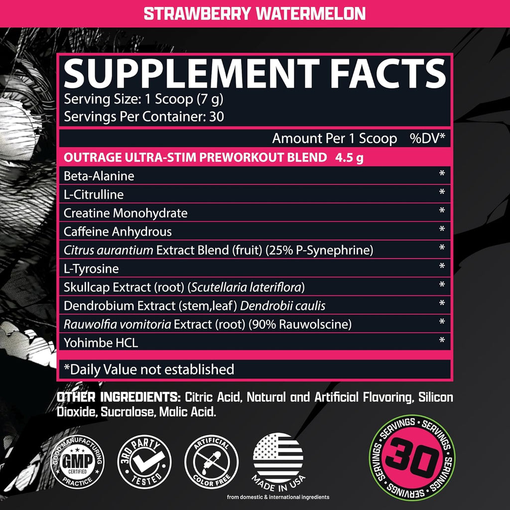 Outrage Ultra HIGH STIM Pre-Workout Powder for Men | 400mg Caffeine, L-Citrulline, Beta-Alanine, Creatine | Extreme Energy, Focus, Strength & Endurance (30 Servings, Strawberry Watermelon)