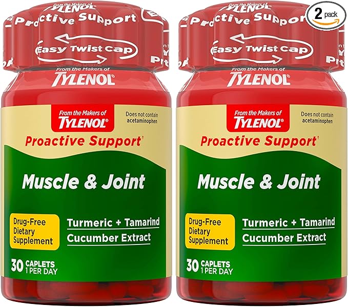 Tylenol Proactive Support* Muscle & Joint Supplement, Drug-Free Daily Turmeric Supplement + Tamarind + Cucumber Extract, Improves Joint Comfort & Flexibility in 5 Days*, 30 ct (Pack of 2)