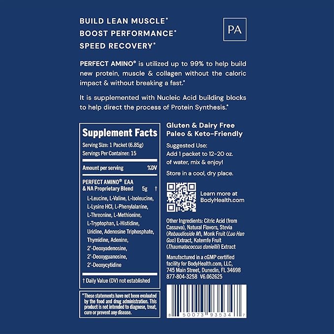 BodyHealth PerfectAmino Powder - BCAA and EAA Powder for Pre and Post Workout - Amino Acid Energy Drink for Men and Women to Support Lean Muscle and Recovery - Lemon Lime - Stick Packs - 15 Servings