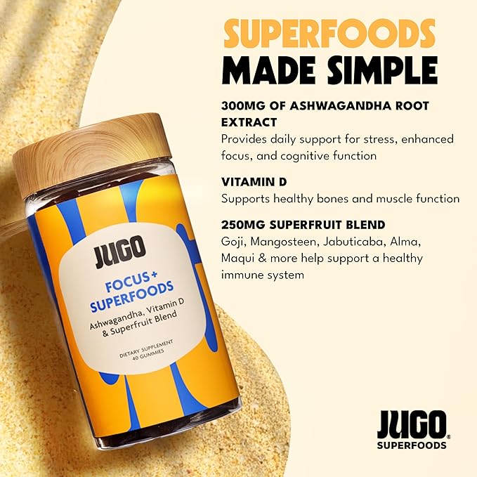 JUGO Focus + SUPERFOODS Ashwagandha Gummies with Vitamin D3 & Superfruit Blend, Vegetarian-Friendly Focus Supplement with Adaptogens, Gelatin-Free and Gluten-Free, Non-GMO, Made in USA, 40 Coun
