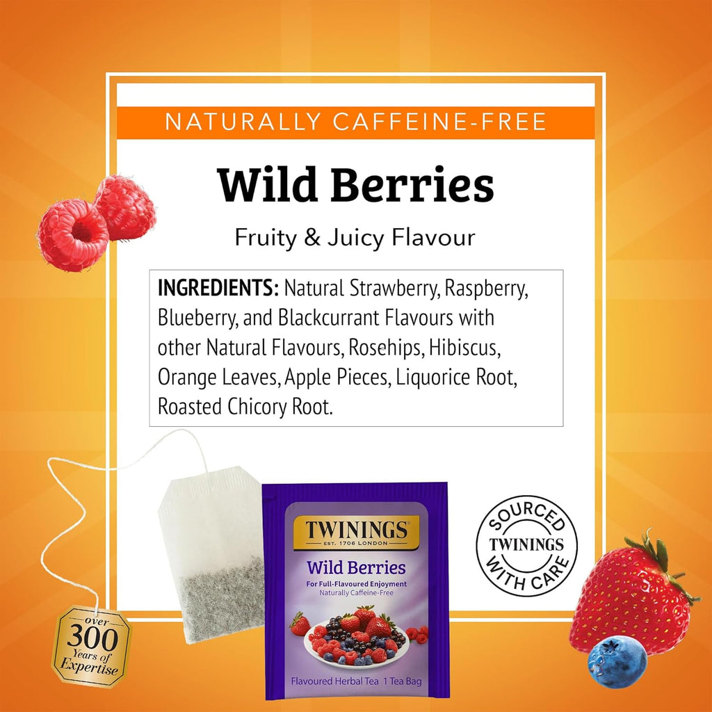 Twinings Wild Berries Herbal Tea Individually Wrapped Bags, 20 Count (Pack of 2), Full-Flavoured, Naturally Caffeine-Free, Enjoy Hot or Iced, 20 Teabags