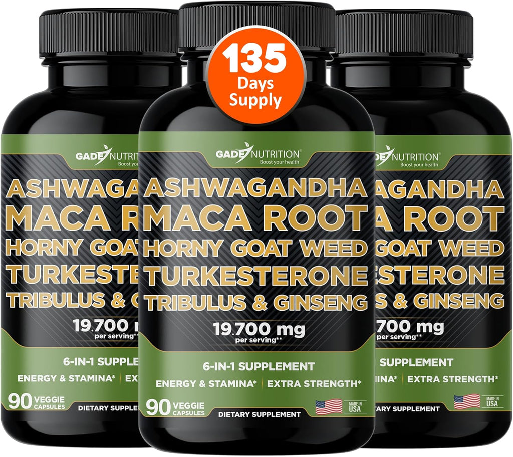 Gade Nutrition Ashwagandha with Maca Root, Horny Goat Weed, Turkesterone Supplement, Tribulus Terrestris, Panax Ginseng | Made in USA | Pack of 3