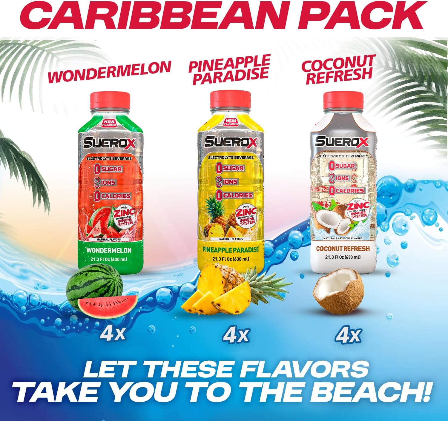 SueroX Sugar-Free Sports Drink for Hydration and Recovery, Electrolyte Hydration Drink with 8 Ions, Zero Calorie Sports Drinks with Electrolytes, Caribbean Pack, 21.3 Fl Oz, 12 Count