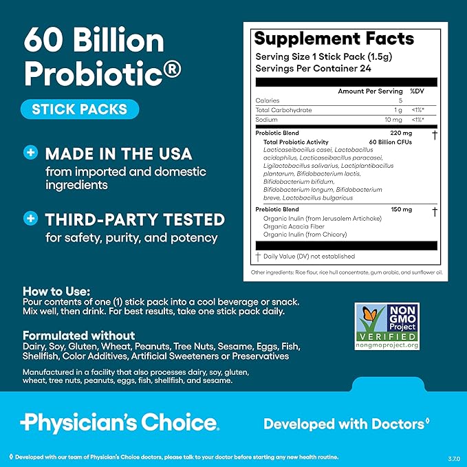 Physician’s Choice 60 Billion CFU Probiotic Stick Packs - 10 Strains + Prebiotics - Immune, Digestive & Gut Health - Supports Occasional Constipation, Diarrhea, Gas & Bloating - for Women & Men - 24CT