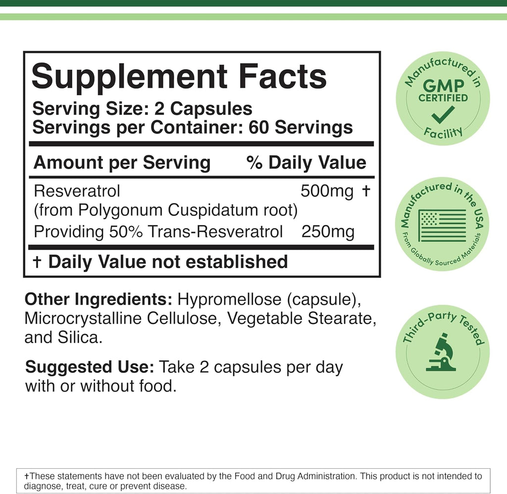 Resveratrol Supplement 500mg Per Serving, 120 Capsules (Resveratrol Polygonum Root Extract Providing 50% Trans Resveratrol) Healthy Aging Support by Double Wood