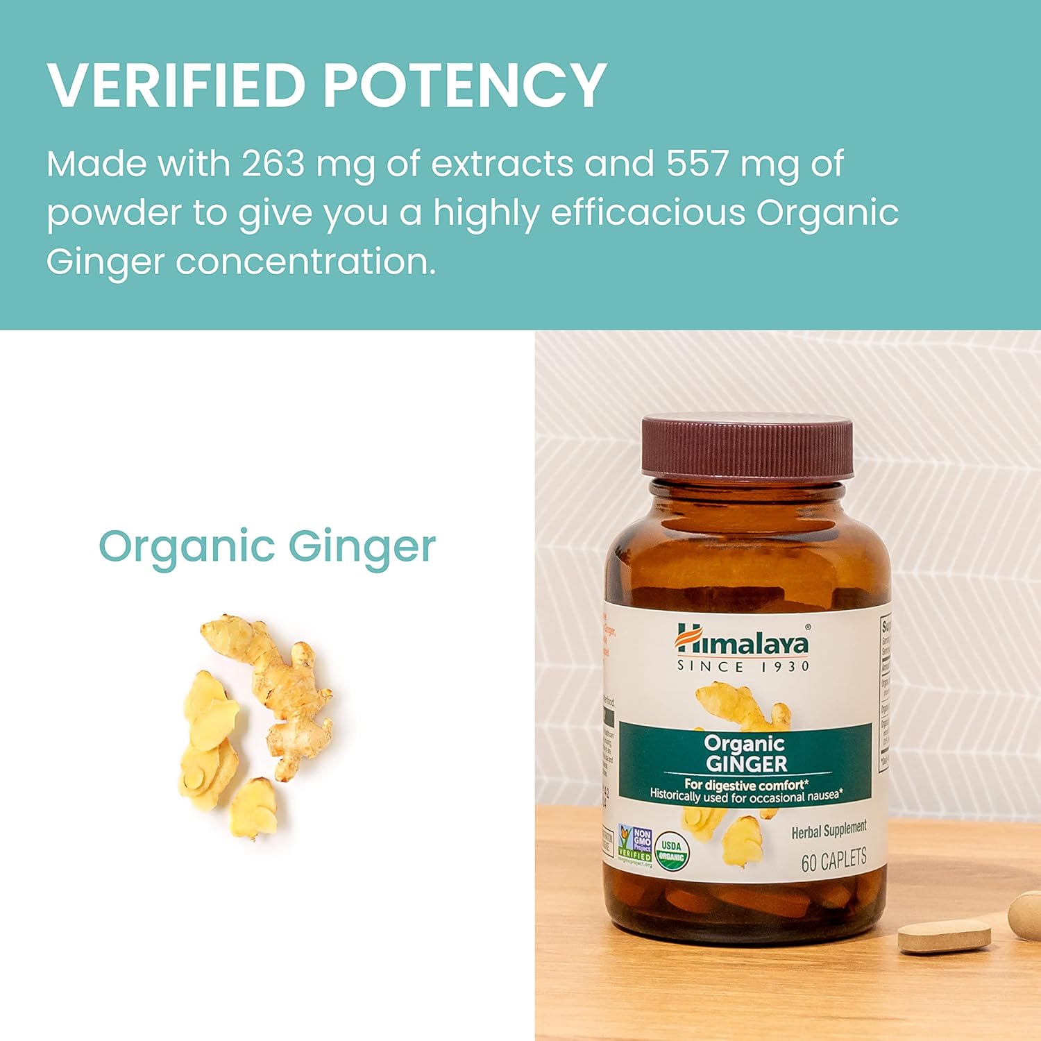 Himalaya Organic Ginger, 60 Day Supply - Digestive Health Supplement for Nausea, Upset Stomach Relief, and Occasional Bloating and Heartburn - USDA Organic, Vegan, Non-GMO, Gluten Free, 60 Caplets