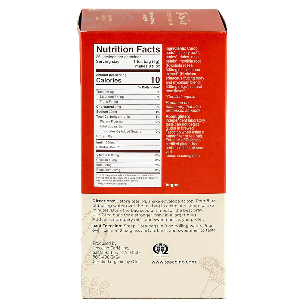 Teeccino Lion’s Mane Rhodiola Tea - Rose - Caffeine-Free Mushroom Adaptogenic Herbal Tea, 3x More Herbs than Regular Tea Bags, Lightly Sweet from Dates & Figs, Chicory Prebiotic - 25 Tea Bags (Pack of 3)