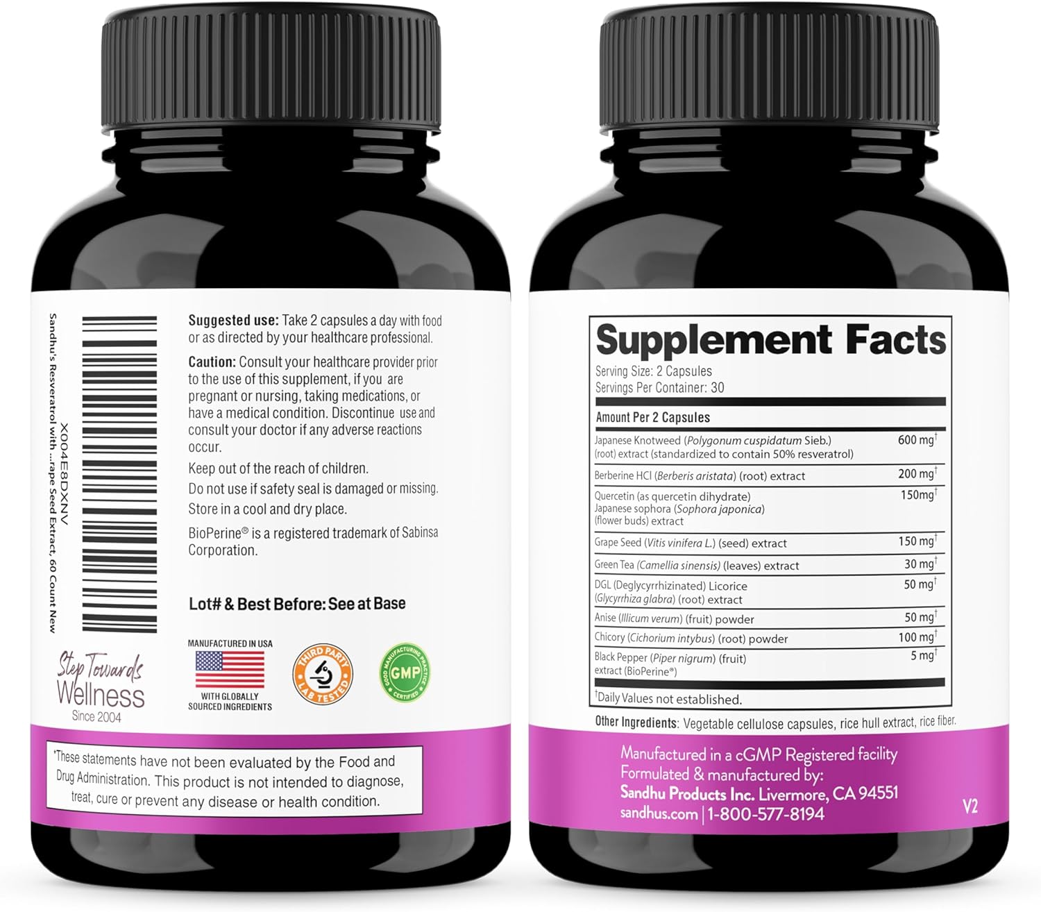 Sandhu's Resveratrol with Berberine for Gut Health | Digestive Supplement for Women & Men | Green Tea, Star Anise, DGL, Grape Seed Extract & Quercetin | Eases Bloating | 60 Capsules (Pack of 4)