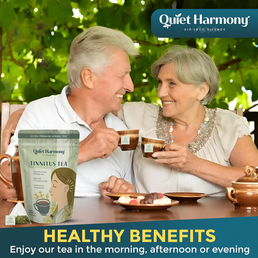 Quiet Harmony Tinnitus Relief Tea – Serenity Soundscape Blend | Ultra Premium Functional Herbal Tea for Ear Health & Nervous System Support | Rooibos, Ginkgo, Lemon Balm | 20 Pyramid Bags | Caffeine-Free
