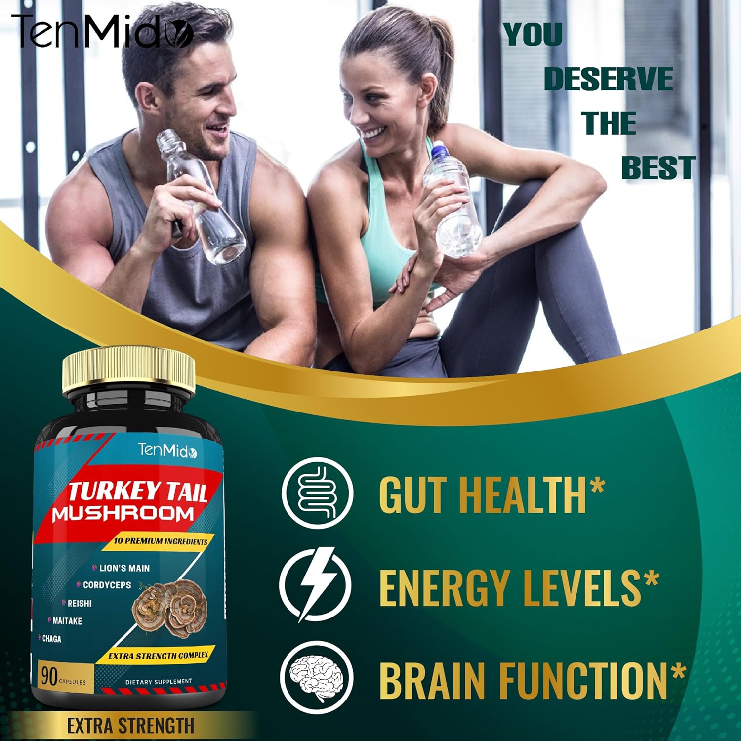 Turkey Tail Mushroom Supplement Extract with Lions Mane, Cordyceps, Reishi and More, 10 Herbs in 1 | Improves Digestive Function, Supports Immune System, 3 Months Supply