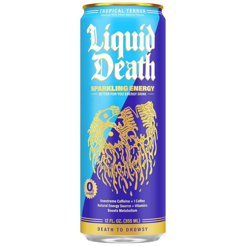 Liquid Death Sparkling Energy - Tropical Terror (Piña Colada Flavor), Sugar-Free Energy Drink, Unextreme Caffeine 100mg, Essential Vitamins, 12 Fl Oz (Pack of 12)