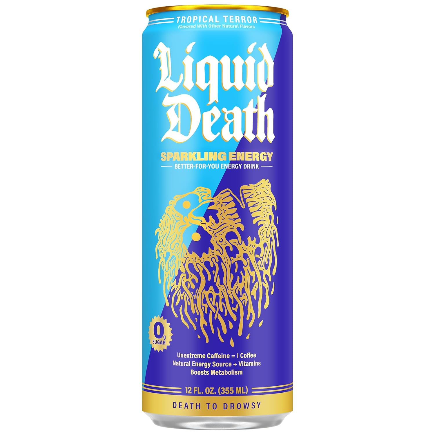 Liquid Death Sparkling Energy - Tropical Terror (Piña Colada Flavor), Sugar-Free Energy Drink, Unextreme Caffeine 100mg, Essential Vitamins, 12 Fl Oz (Pack of 12)
