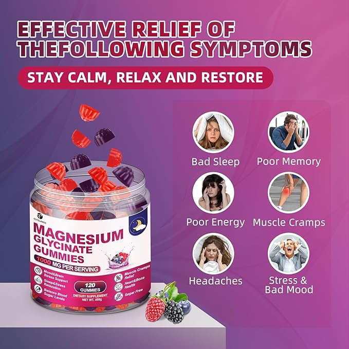 120 CT Magnesium Glycinate Gummies 1000 mg for Women and Men, Magnesium Malate & Taurate Supplements for Sleep, Body Support and Relaxation, Sugar Free, Vegan, Raspberry BlackBerry Blueberry Flavor