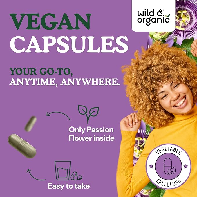 Wild & Organic Passion Flower Capsules 600 mg - Calming & Mood Support - Passionflower Extract Supplement - Passiflora Incarnata Herb - Vegan, No Fillers, Non-GMO - 90 Count