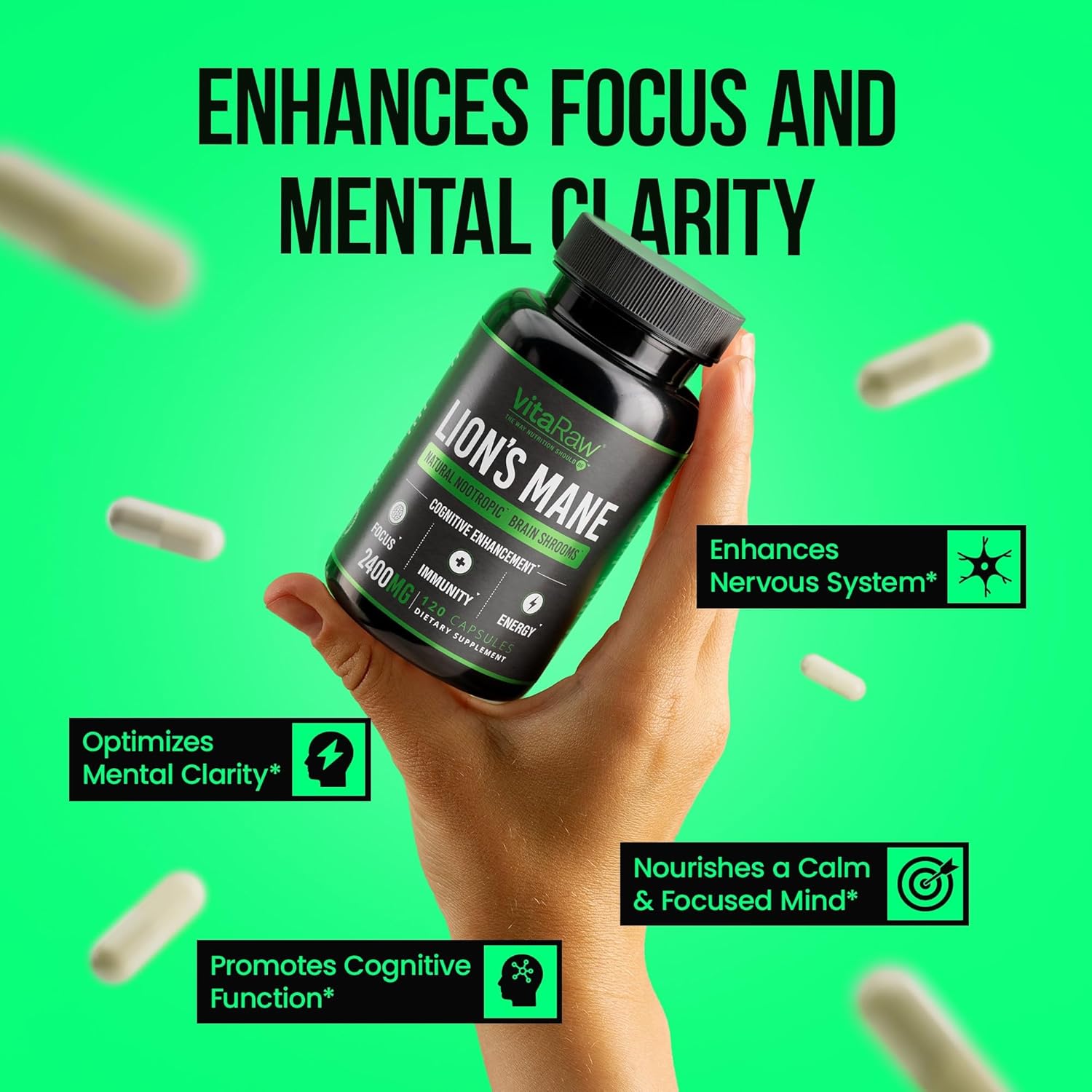 Organic Lions Mane Supplement Capsules 2400 mg - Powerful Nootropic - Helps Maintain Memory, Energy, and Mental Clarity - Vegan Brain Booster Focus Pills - Real Lion's Mane Supplement