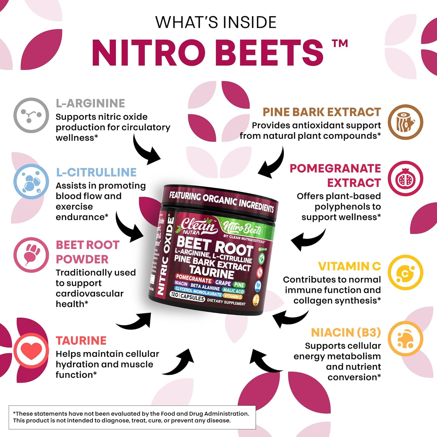 Clean Nutra Organic Beet Root Capsules L Arginine L Citrulline Pine Bark Nitric Oxide Beetroot Powder Arginine Citrulline Supplement Pre Workout Supplements Extract – 120 Vegan Pills