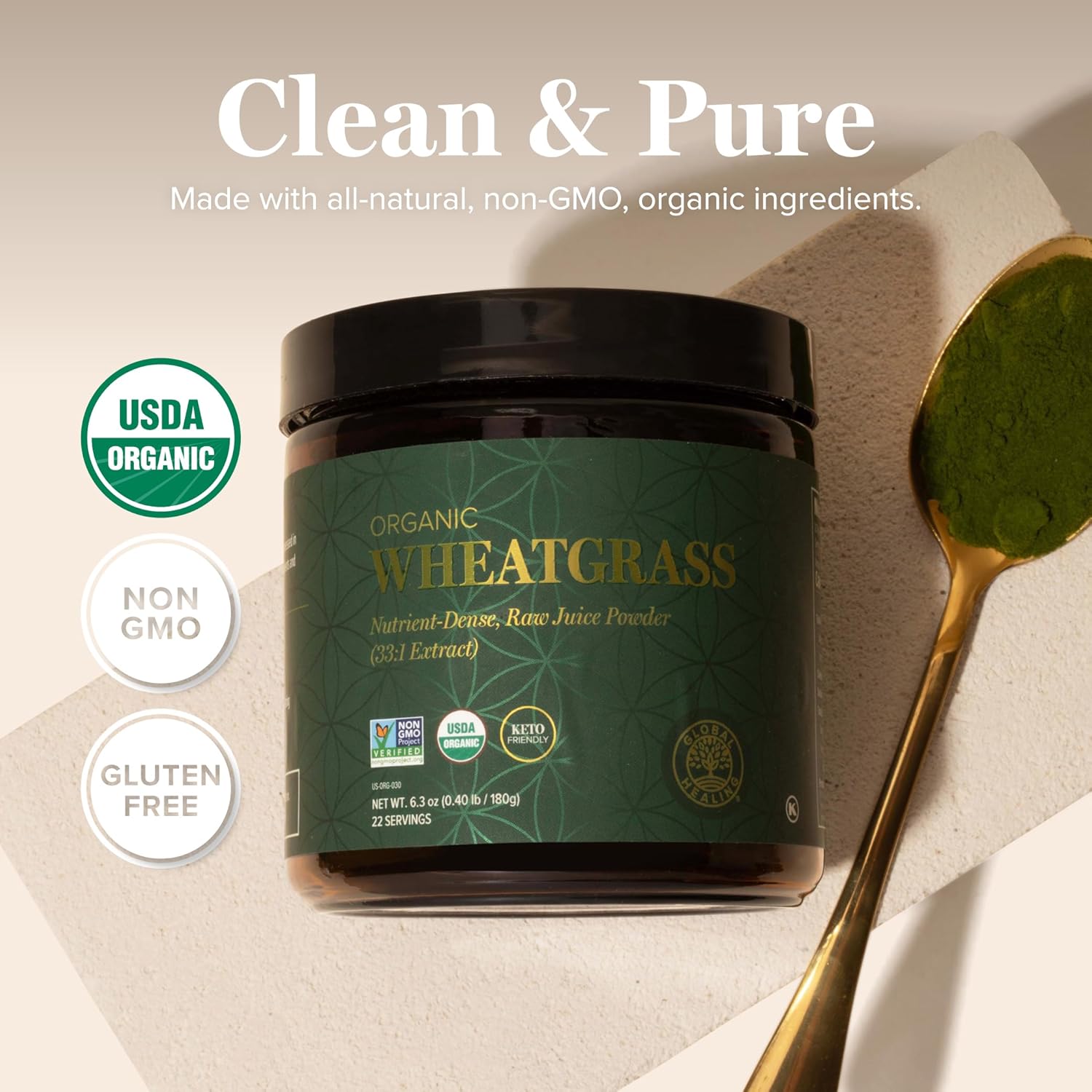 Global Healing Wheat Grass Powder Organic 180g - Nutrient-Dense, Raw Wheatgrass Juice Powder (33:1 Extract) with Strong Antioxidants for Immune Support & Energy Boost - Cold-Process, Non-GMO - 6.3 Oz