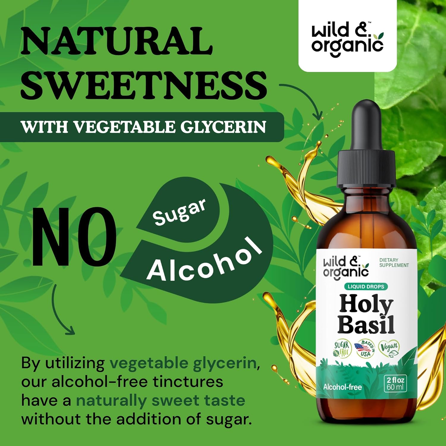 Wild & Organic Holy Basil Leaf Tincture - Relaxation, Calmness, Mood Support - Tulsi Holy Basil Supplement - Vegan, Sugar & Alcohol-Free Herb Extract Drops - 2 fl oz