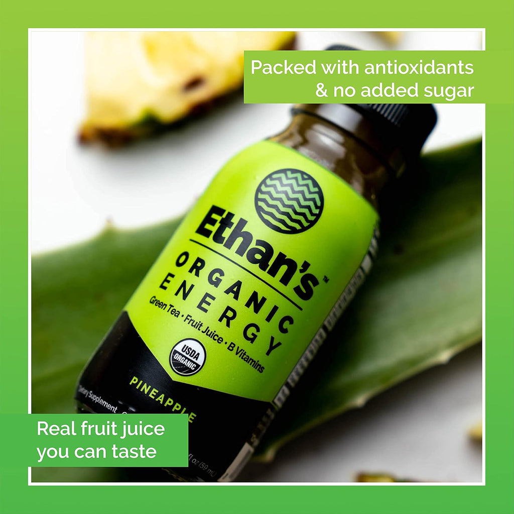 Ethan's Organic Clean Energy Shots Pineapple, Sugar Free Natural Pre-Workout Focus Boost, Gluten Free, Vegan, B6 & B12 Vitamin C with Green Tea Extract and Guayusa (6 Pack of 2oz Shots)