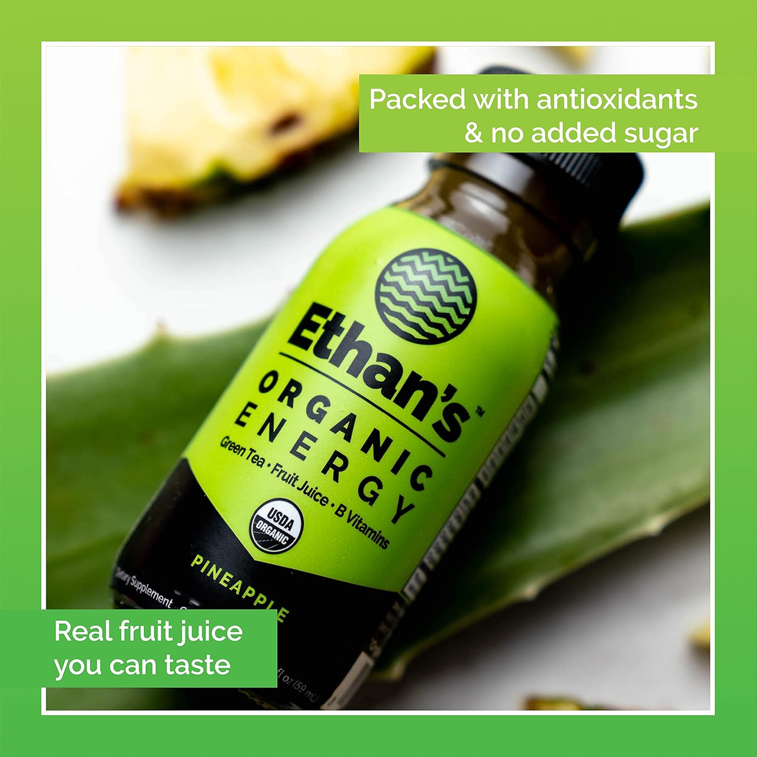 Ethan's Organic Clean Energy Shots Pineapple, Sugar Free Natural Pre-Workout Focus Boost, Gluten Free, Vegan, B6 & B12 Vitamin C with Green Tea Extract and Guayusa (6 Pack of 2oz Shots)
