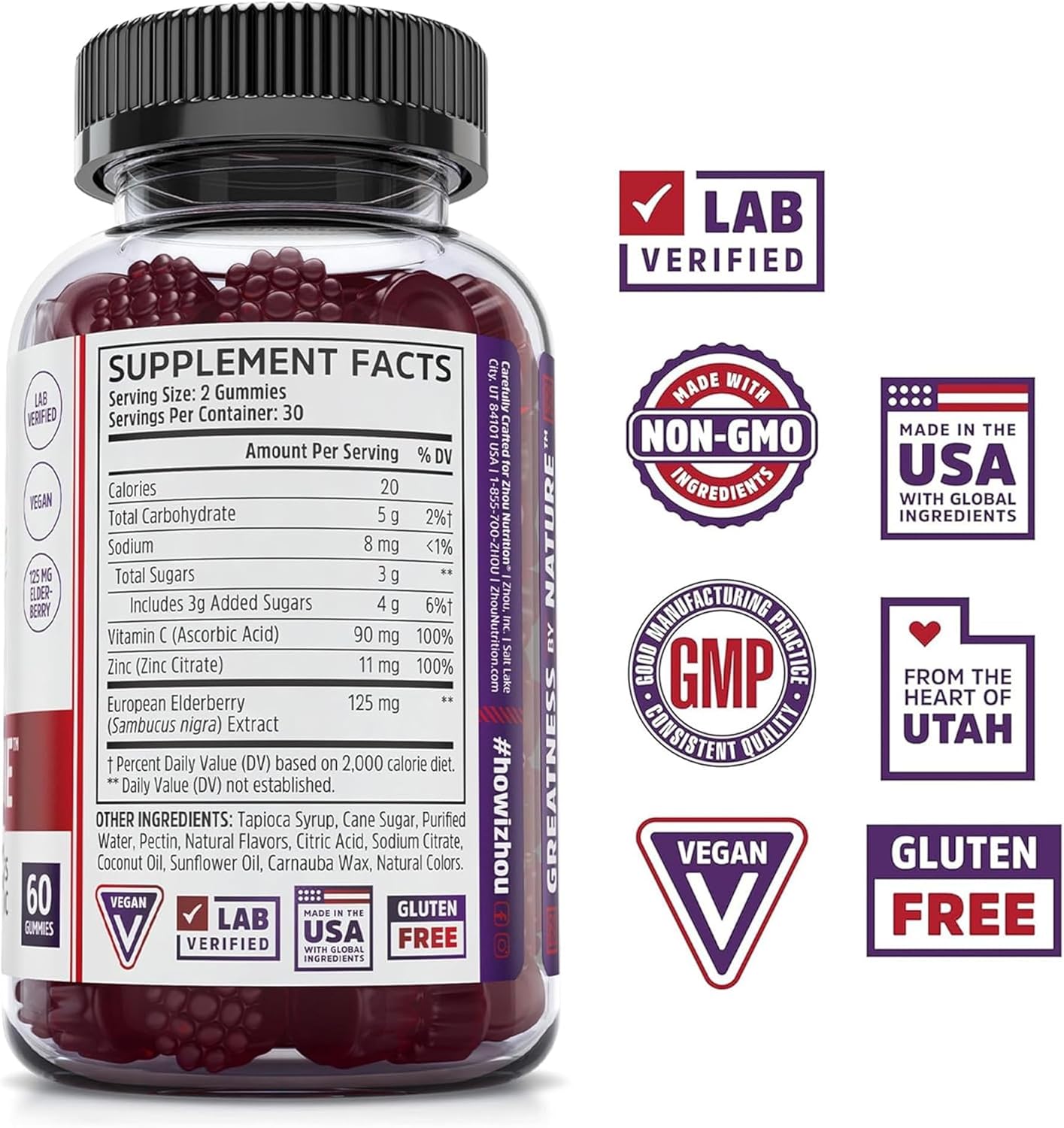 ZHOU Elder-Mune Elderberry Gummies - Black Elderberry, Vitamin C, & Zinc, Daily Immune Support Supplement for Women & Men, Natural Chews for Adults & Children 4 & Up - 60 Gummies (2 Pack)