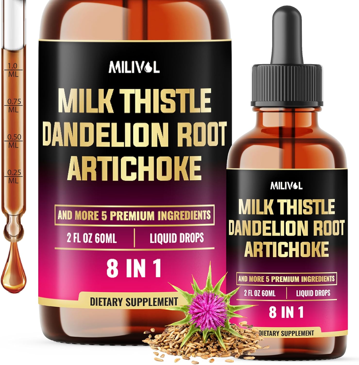 8in1 Milk Thistle Liquid Drops with Dandelion Root Extract, Artichoke Tincture, Turmeric Curcumin, Schisandra Berry, Chanca Piedra, Peppermint and Beet Root - 60 Days Supply - 2 Fl Oz