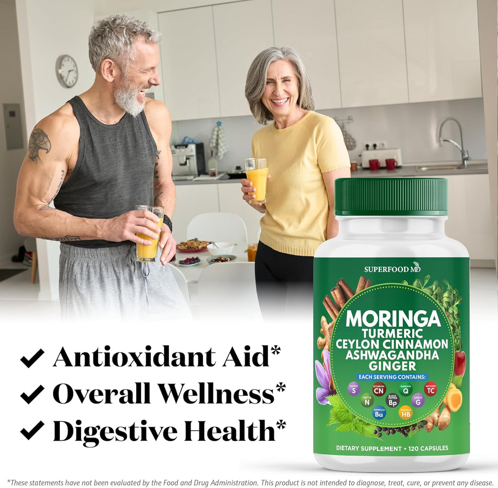 Moringa Supplement | Turmeric, Ginger, Boswellia, Saffron, Holy Basil, Nettle -Support Supplement for Women and Men with Ceylon Cinnamon, Quercetin, Tart Cherry- 240 Capsules