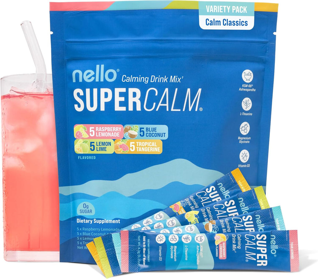 Nello Supercalm Powdered Drink Mix, Cortisol Reducer* and Sleep Aid Supplement, L Theanine, Ksm-66 Ashwagandha, Magnesium Glycinate, Vitamin D 3, No Sugar, Non GMO, On The Go, 20 Ct, Variety Pack