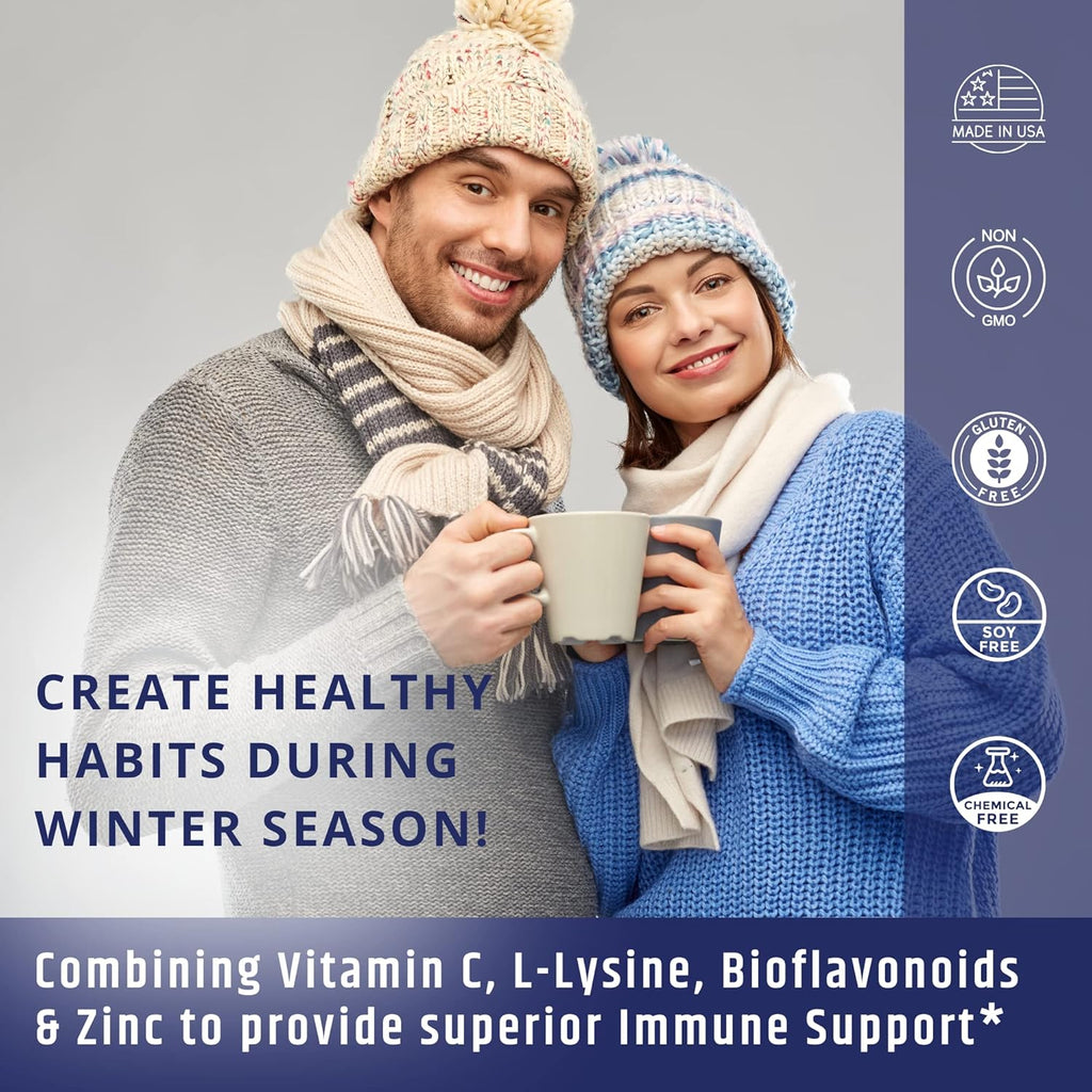 Vitamin C 1000mg Complex with L-Lysine 500mg, Zinc Gluconate 12mg, Bioflavonoids 300mg. Doctor Formulated Magnesium Stearate Free Supplements for Healthy Immune System Support. Two Bottles.(2)