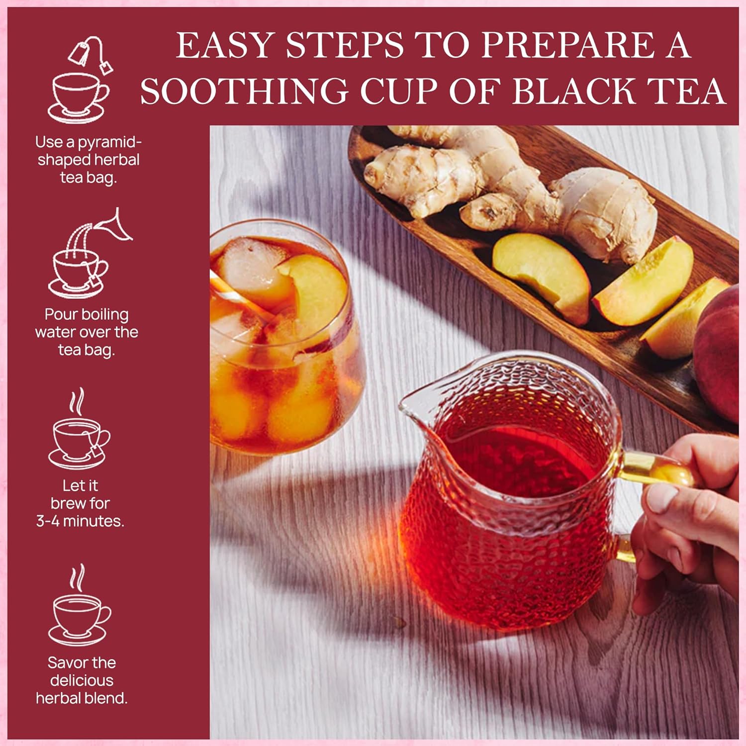 Tealeaf & Co. Peach Ginger Tea Blended with Organic Spices - Organic Black Tea Bags with Ginger & Peach Flavor - Flavored Blend with Low Caffeine - Gluten Free - 50 Teabags