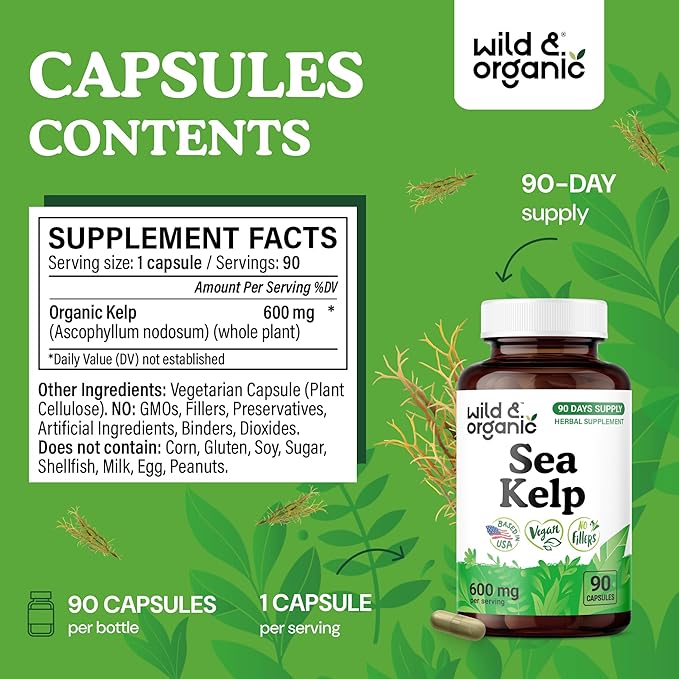 Wild & Organic Sea Kelp Supplement Capsules 600 mg - Immune & Overall Support - Sea Kelp Iodine for Men & Women - Ocean Seaweed Supplement - Vegan, No Fillers, Non-GMO - 90 Count